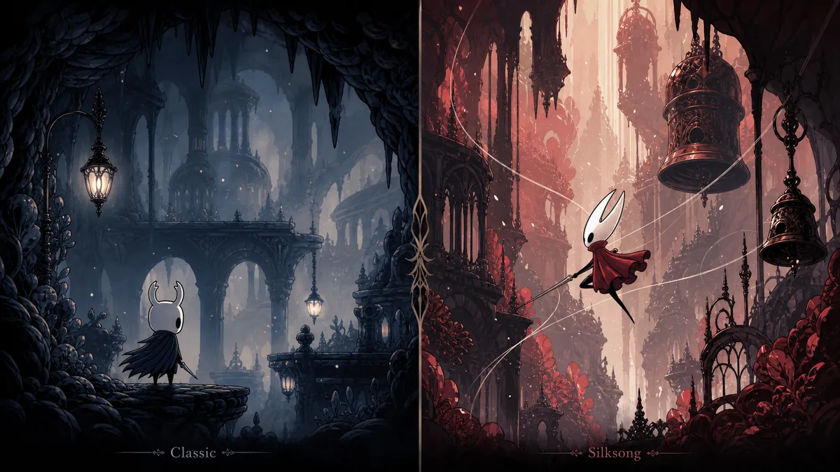 Ilustracao editorial comparando Hollow Knight e Silksong com o Cavaleiro em Hallownest e Hornet em Pharloom
