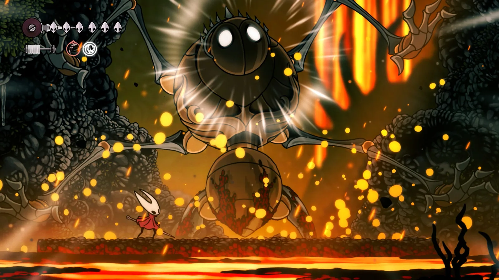 Screenshot ufficiale Steam di Silksong con Hornet davanti a un grande nemico