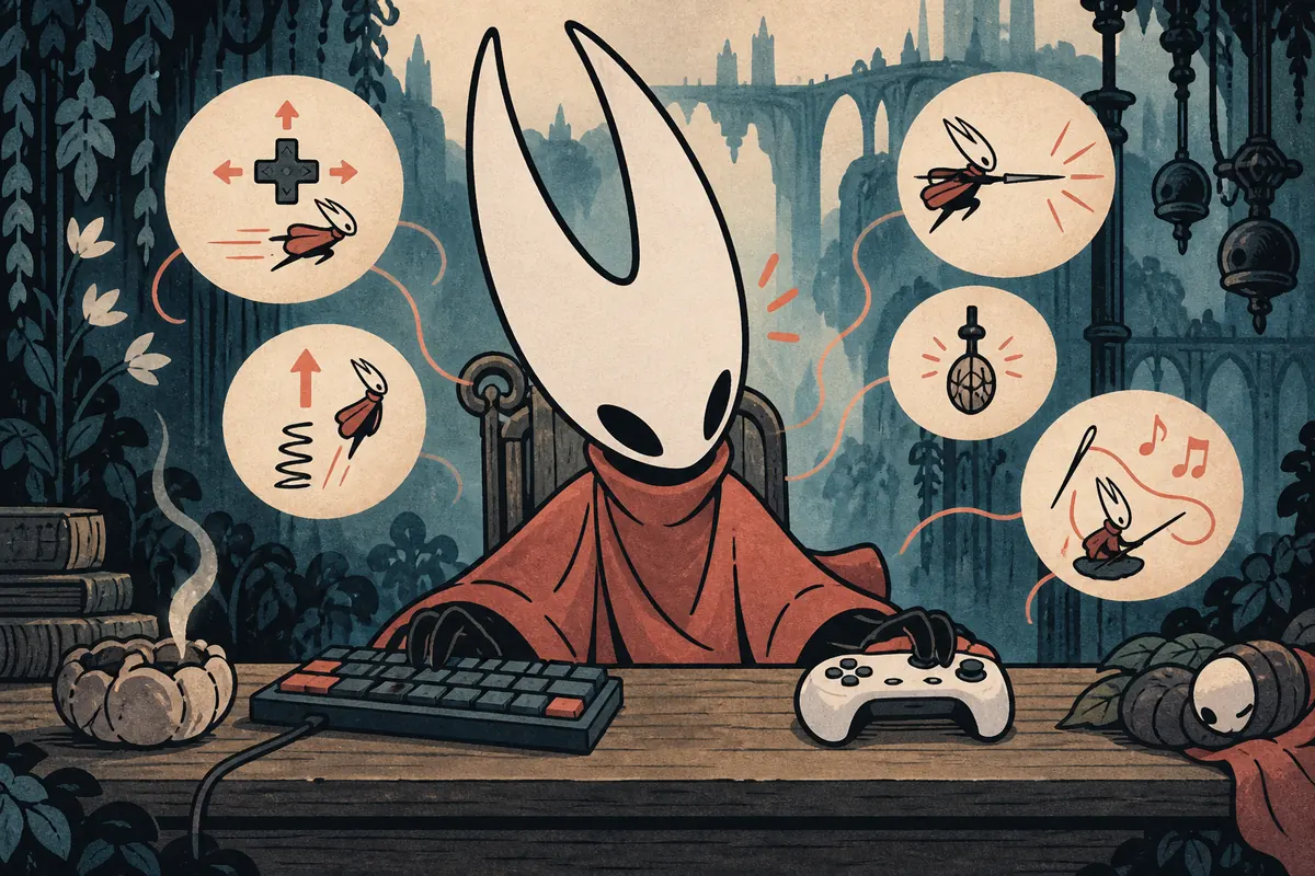 Illustration éditoriale de Hornet vérifiant les commandes clavier et manette de Silksong