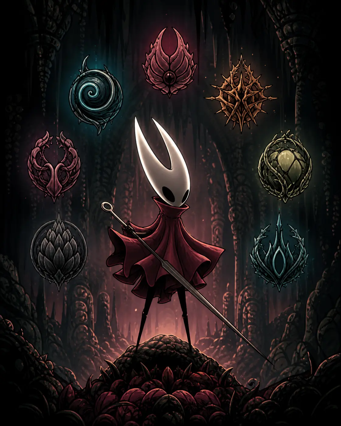 Ilustración editorial generada por IA de Hornet eligiendo una Cresta de Silksong