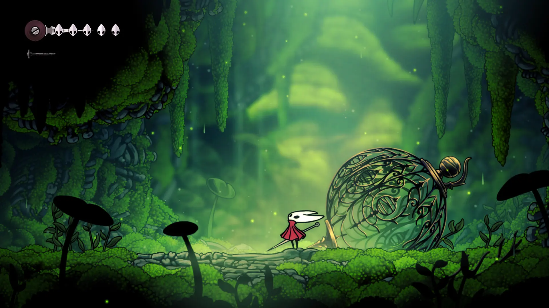 Captura oficial de Steam de Hollow Knight Silksong con Hornet junto a una estructura ornamentada