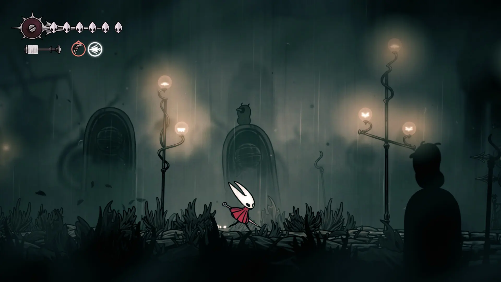 Captura oficial de Steam de Hollow Knight Silksong con Hornet recorriendo un asentamiento oscuro