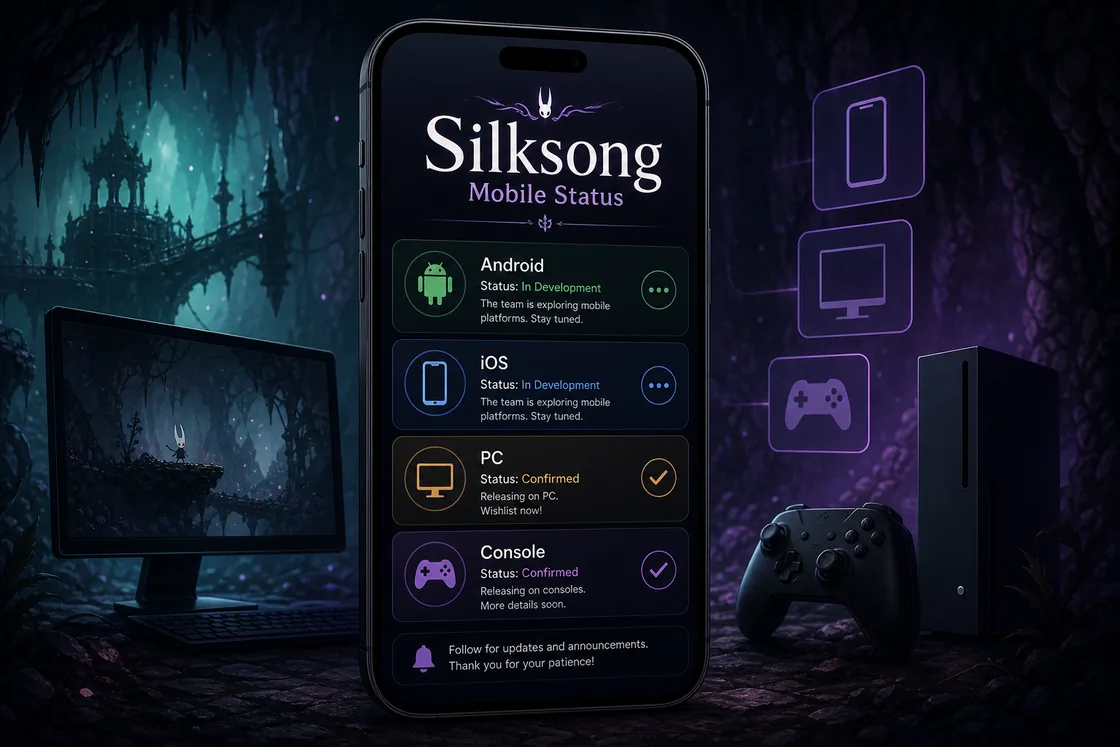 Hollow Knight Silksong 모바일 플랫폼 상태 가이드로 Android, iOS, PC, 콘솔 선택지를 보여주는 이미지