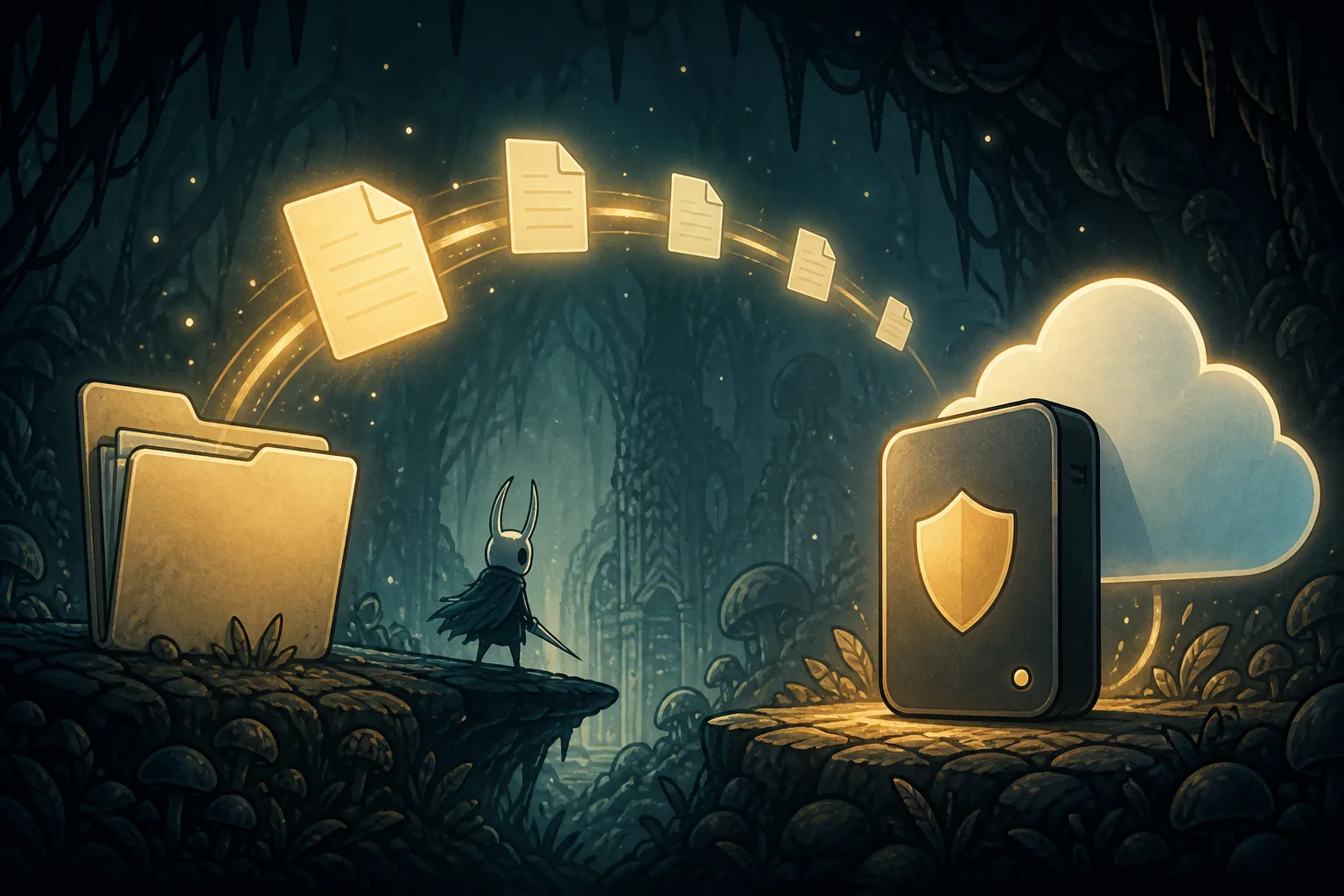 Ilustración editorial de archivos de guardado que pasan de una carpeta local a una unidad protegida y un símbolo de nube