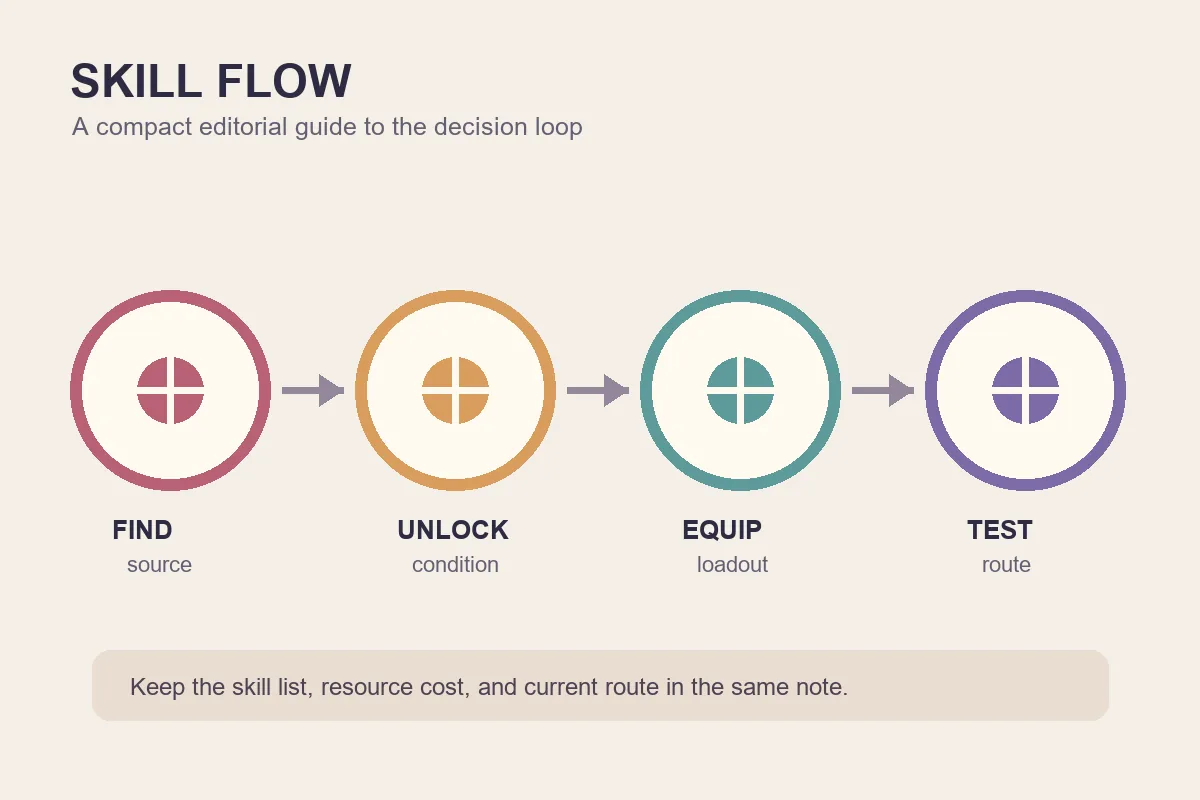 Editorial flow illustration for tracking Silk Skill sources, unlock conditions, and testing