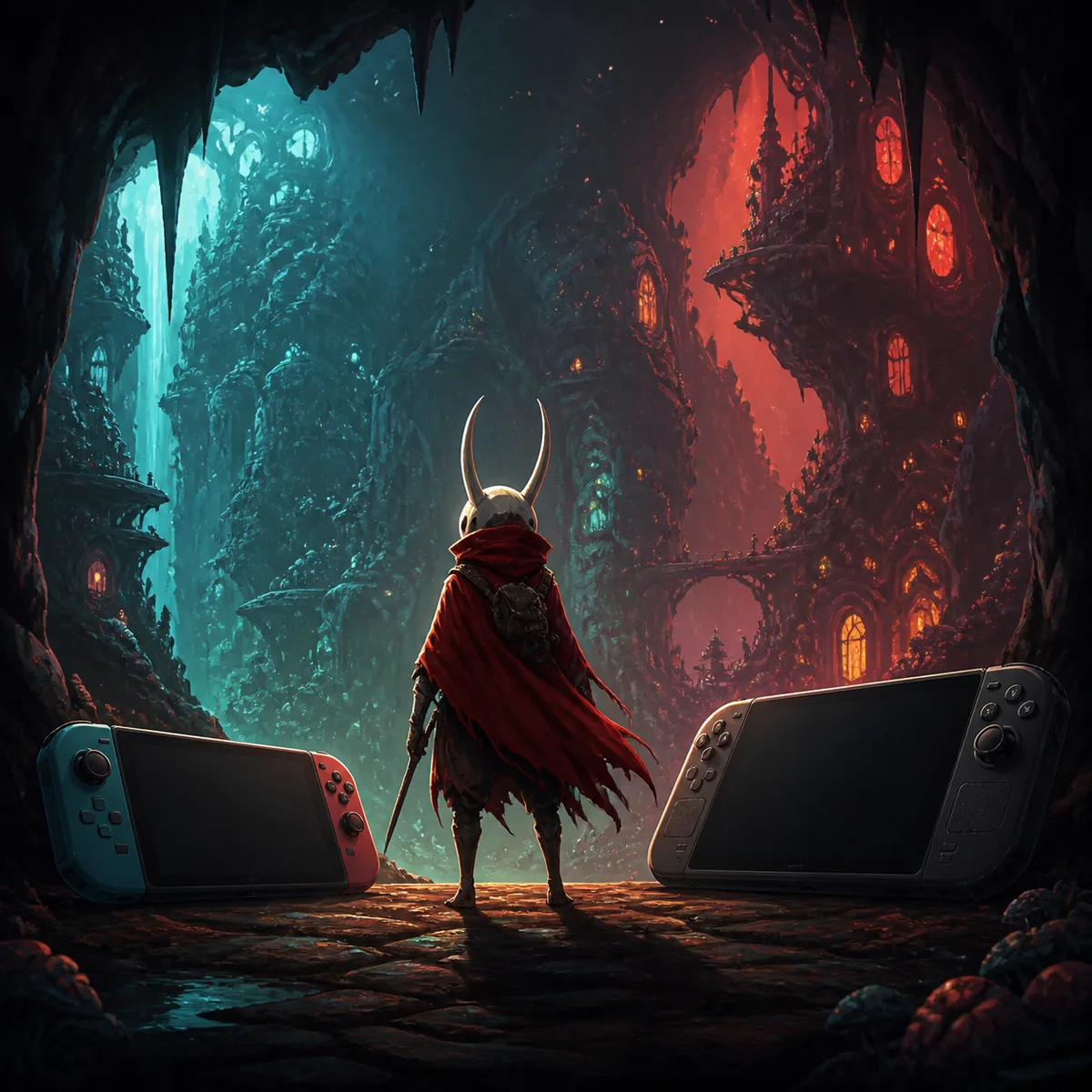 Redaktionelle Illustration einer Fantasy-Abenteurerin zwischen zwei generischen Handhelds