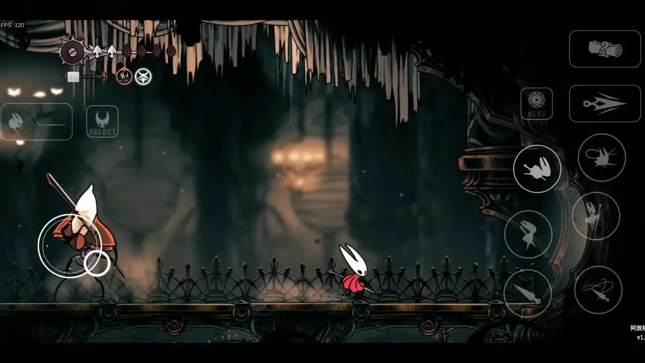 Téléchargement Silksong APK - Scène de combat intense dans la forêt sombre avec art dessiné à la main