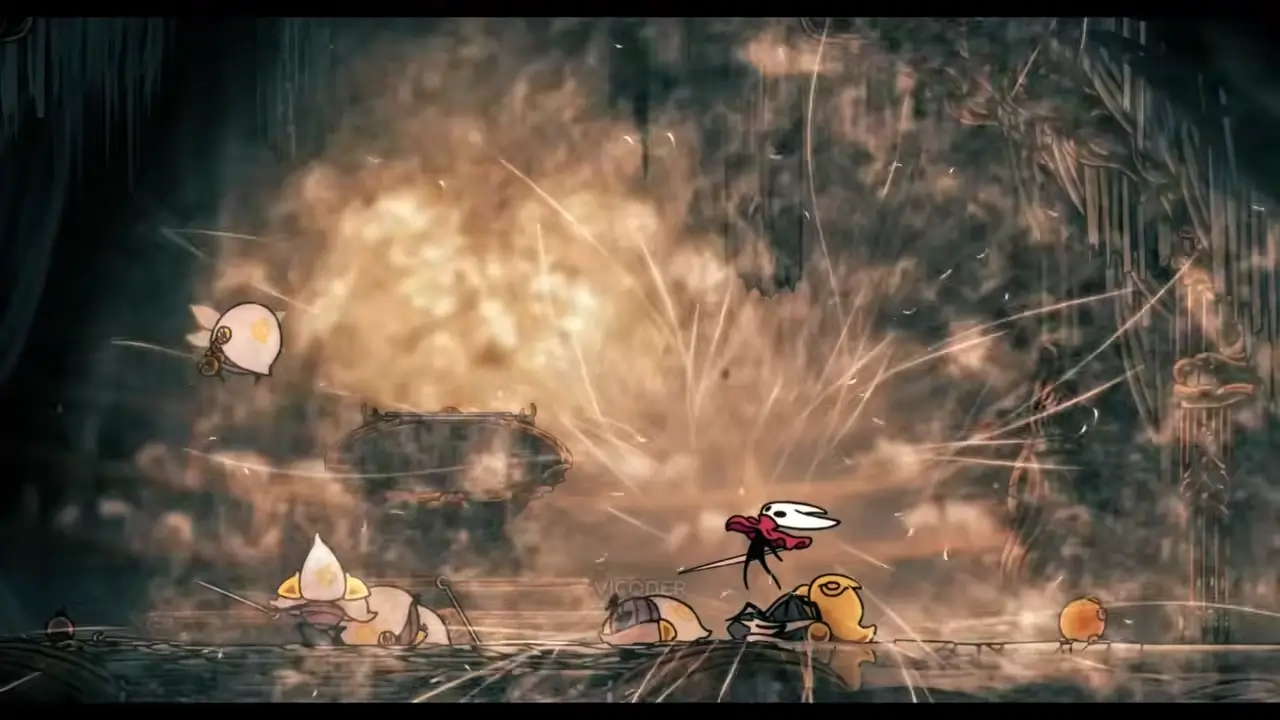 Hollow Knight Silksong APK - Scène de combat dramatique avec explosion enflammée sur Android